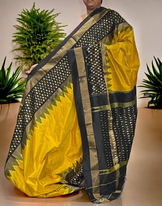 Pure Pochampally Ikkat Silk Yellow Black Sari