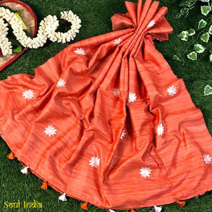 Handwoven Tussar Silk Saree With All Over Embroidery- Orange Candy