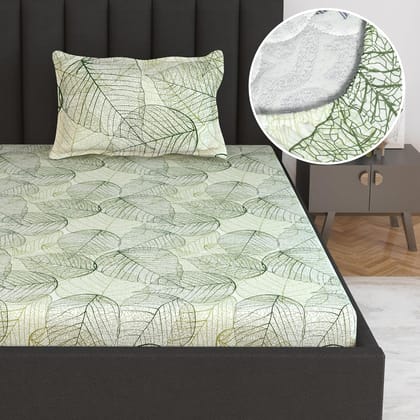 Green Dry Leaves Texture Elastic Fitted Bedsheet For Single Bed-Single / Green / CL1158-FSB