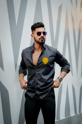 Grey Lion embroidery premium satin cotton shirt