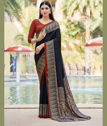 Satrani Silk Printed Saree With Unstitched Blouse Piece ( Black )