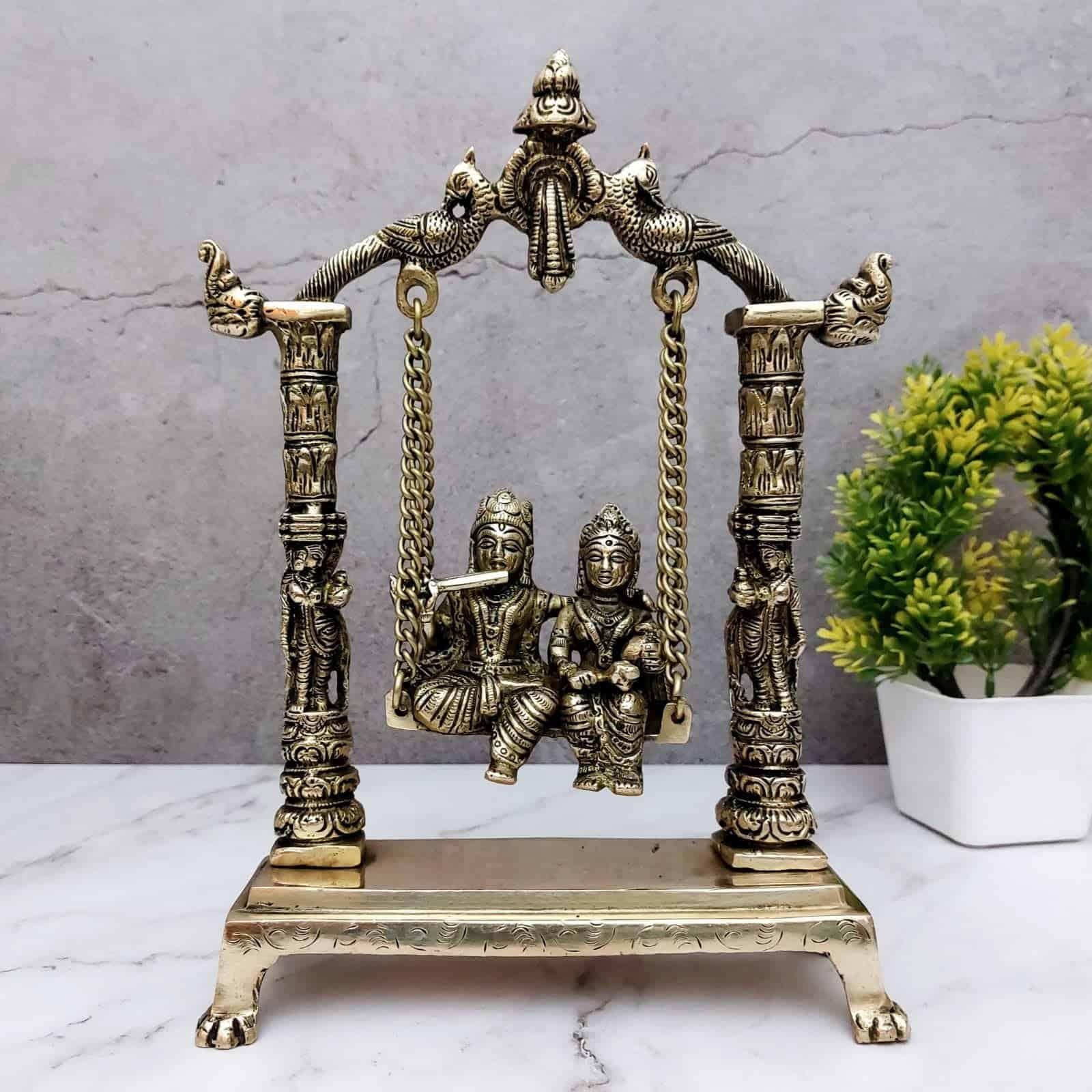 Brass Radhakrishna Jhula - 12 inch Height | Divine Brass Radhakrishna Statue on Jhula for Devotion