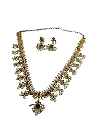 ANVAYACOLLECTIONS Traditional Gold Plated Pearl Necklace and Earrings Set with Green Stone, Indian Bridal Jewellery for Women