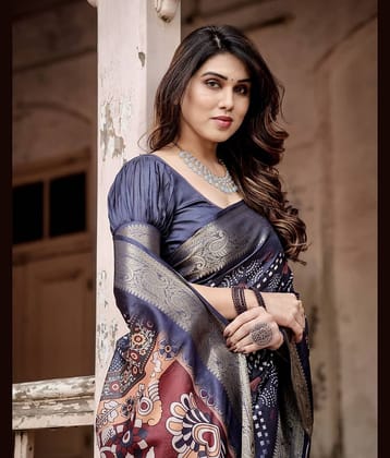 Almaari Fashion Cotton Silk Printed Saree With Unstitched Blouse Piece ( Blue )
