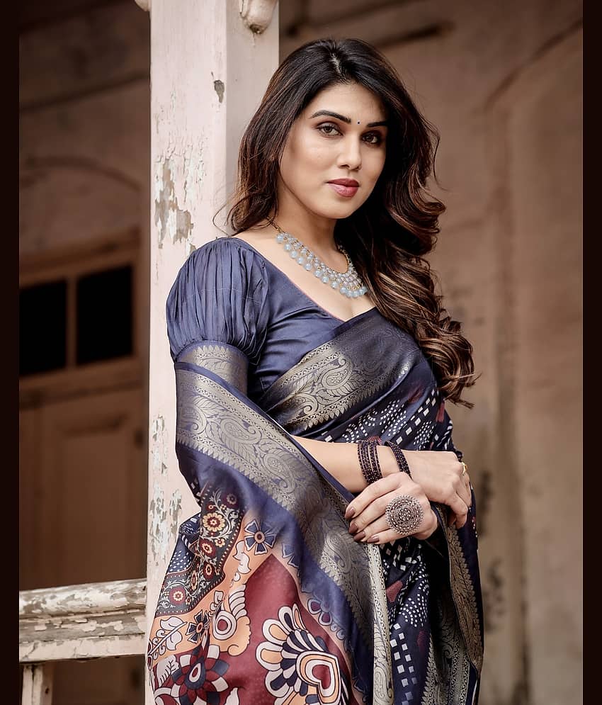 Almaari Fashion Cotton Silk Printed Saree With Unstitched Blouse Piece ( Blue )