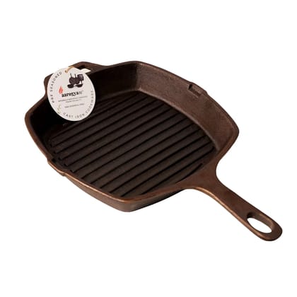 Aarogyam Cast Iron Grill Pan Long Handle , Pre-Seasoned 10 inch Diameter (25cm), Naturally Non-stick, Toxin-Free, Gas & Induction Compatible, Weight- 3.8 kg (Colour - Black) by Aarogyam - The Cast Iron Shop