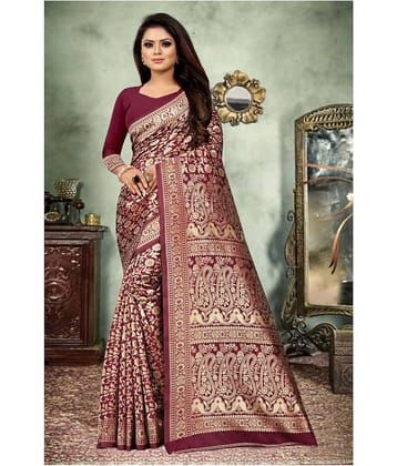 Gazal Fashions Banarasi Silk Printed Saree With Unstitched Blouse Piece ( Multicolor )