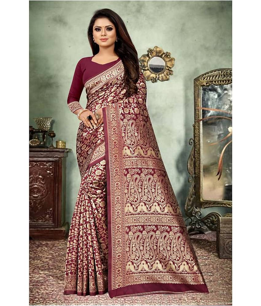 Gazal Fashions Banarasi Silk Printed Saree With Unstitched Blouse Piece ( Multicolor )