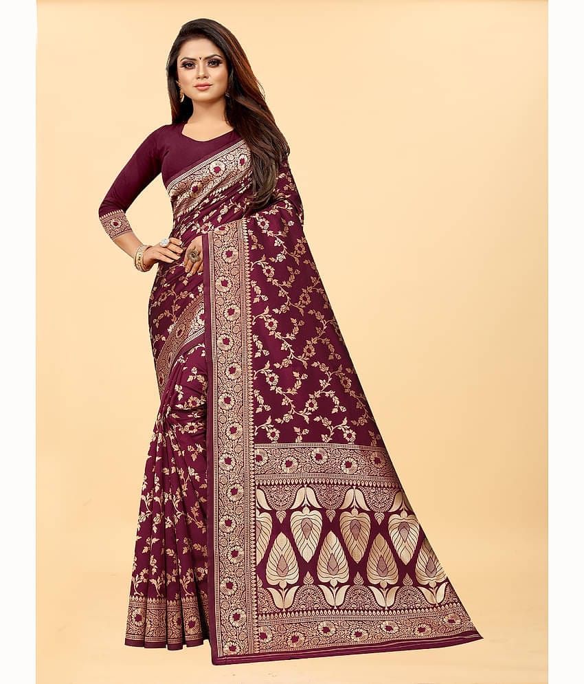 Gazal Fashions Banarasi Silk Embellished Saree With Unstitched Blouse Piece ( Maroon )