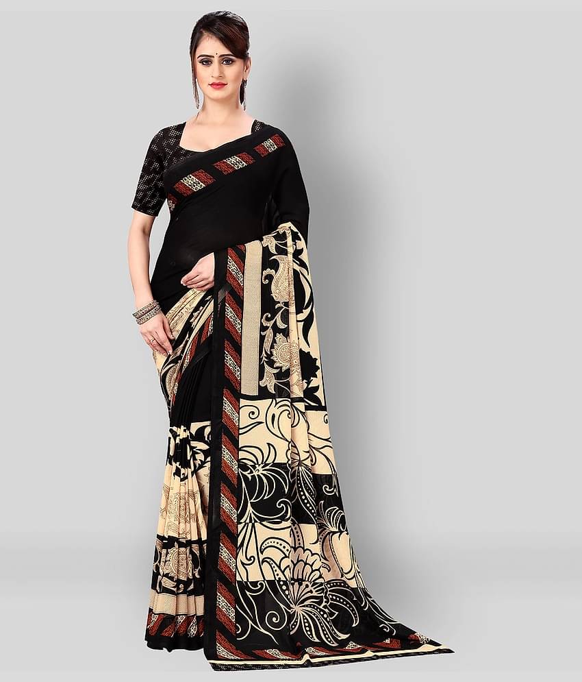 ANAND SAREES Georgette Printed Saree With Unstitched Blouse Piece ( Black )