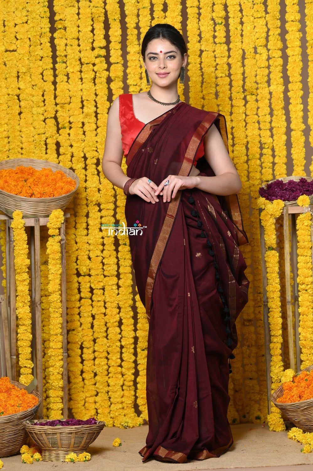 Rajsi~Designed by VMI! High Quality Comfortable Cotton Handloom Woven Saree With Sleek Border in Maroon