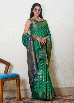 Panna Green Chanderi Silk Banarasi Saree With Golden Zari Butis