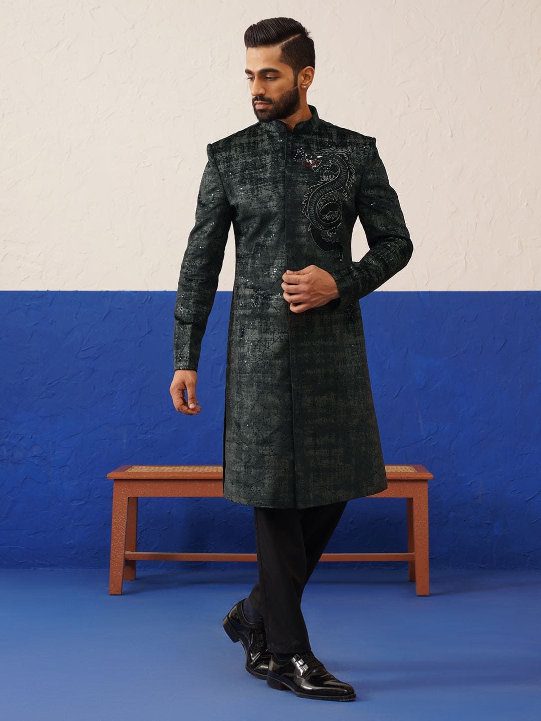 Black & Grey Textured Indo Set with Dragon Embroidery-XS/36 / Indo Pant Set