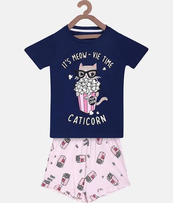 Lazy Shark Pack of 1 Girls Cotton Blend T-shirt With Shorts ( Navy Blue )
