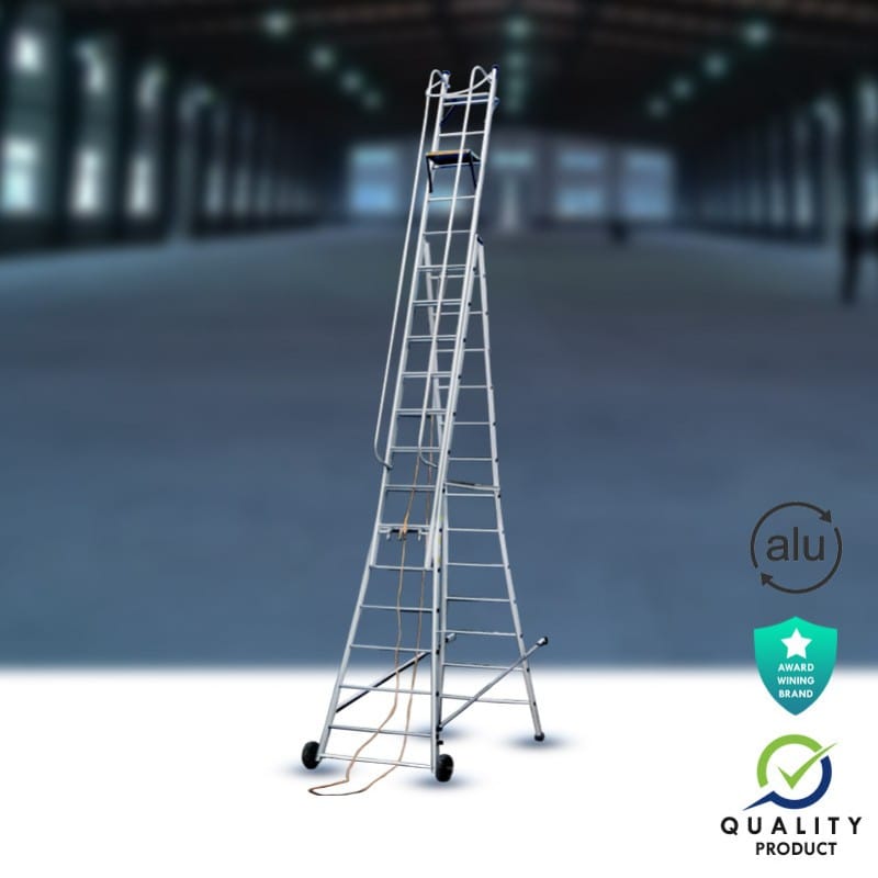 Wheel Self Supporting Extension Industrial Aluminium Ladder (Model: K-7009, Height:  12ft + 12ft in Very Heavy)