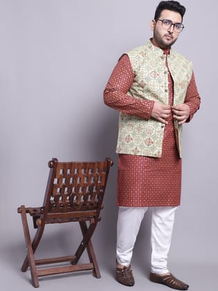 Men's Cotton Linen Maroon Kurta and White Pyjama With Pista Green Cotton Nehrujacket-44