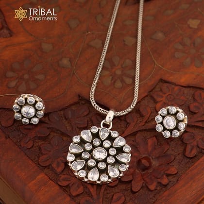 925 sterling silver cz cut stone floral charm necklace set stylish jewelry set741 (Copy)-Pendant & 18'' chain
