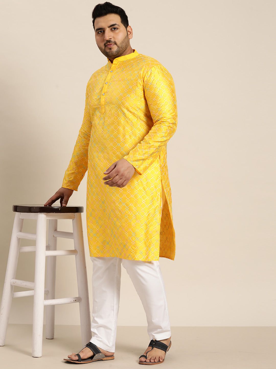 Men's Silk Blend Mustard Kurta with Multi Color embroidery & White Pyjama-44