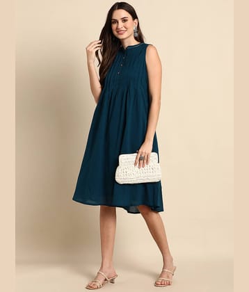 Janasya Women Cotton A-line Dress ( Blue )