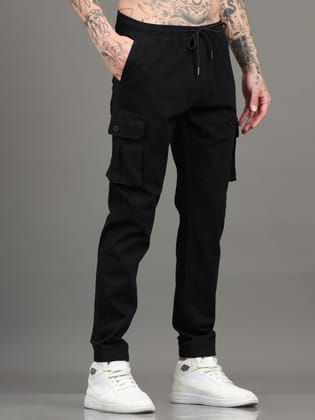 Men Cotton Regular Fit Cargo Joggers, BLACK-28 / Black