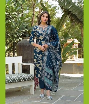 Vaamsi Women Viscose Self Design Straight Kurti With Pants ( Navy Blue )