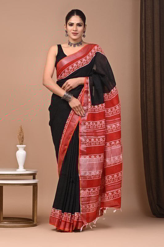 HAND BLOCK PRINTED COTTON LINEN SAREE WITH BLOUSE
