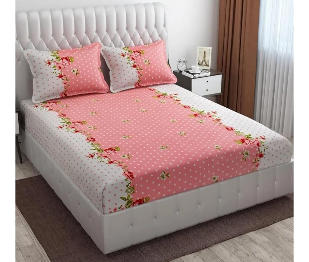 Floral Bedsheet Set with 2 Pillowcases, Pink and White Polka Dot Pattern with Roses, Double Size