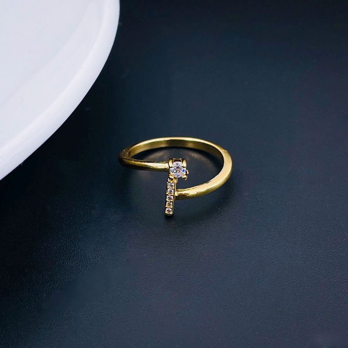 Initial Letter Cubic Zirconia Gold Copper Free Size Ring Women-D