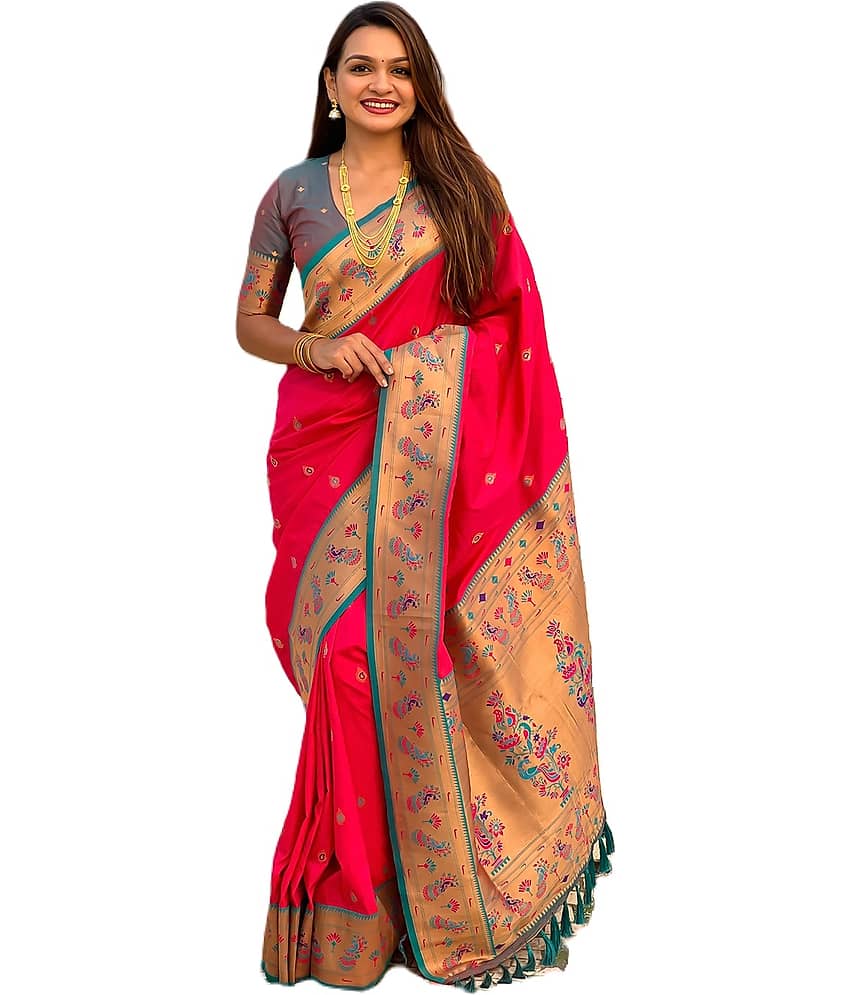 Rangtulika Ethnics Silk Woven Banarasi saree With Unstitched Blouse Piece ( Pink )