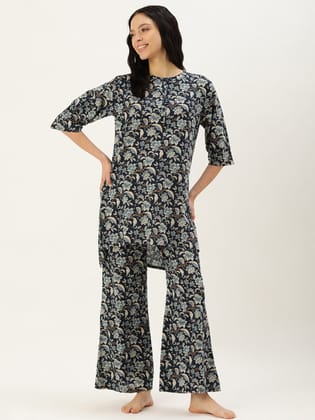 Floral Printed Blue Kurta & Palazzo-M