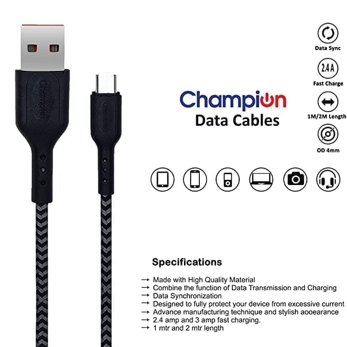 Champion USB to Micro 2.4Amp Data Sync & Charging Cable Braided 1M for all Android & Micro USB Devices (Black)