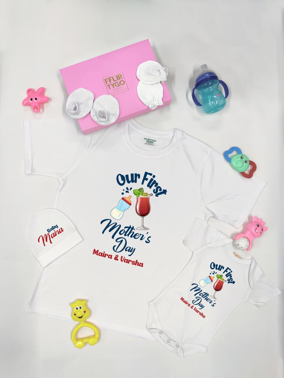 Our First Mothers Day w/ Custom Names Gift Box (White)-Half Romper / Blue / 6-12 Months