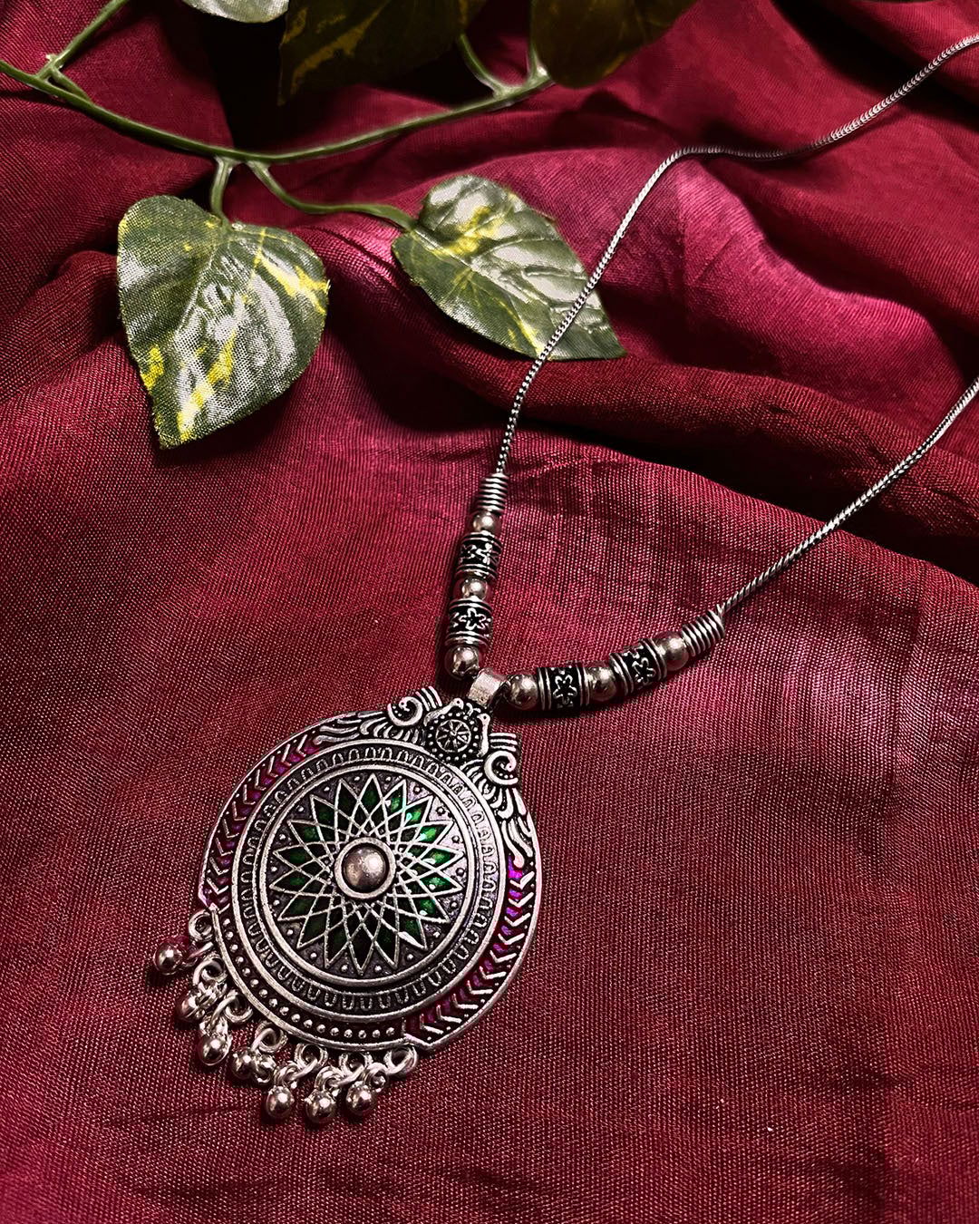 German Silver Meenakari Floral Pendant Necklace