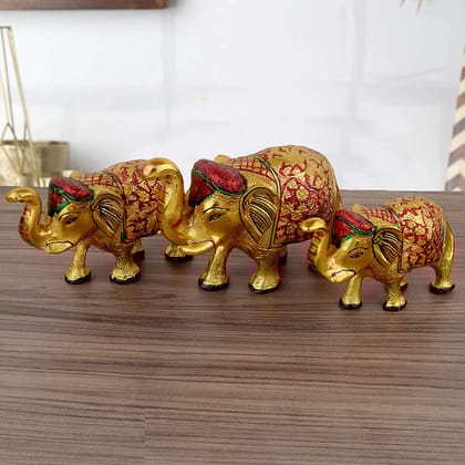 DreamKraft Metal Set of 3 Elephant Showpiece Idol(Meenakari, 7In, 6.5In, 6In)
