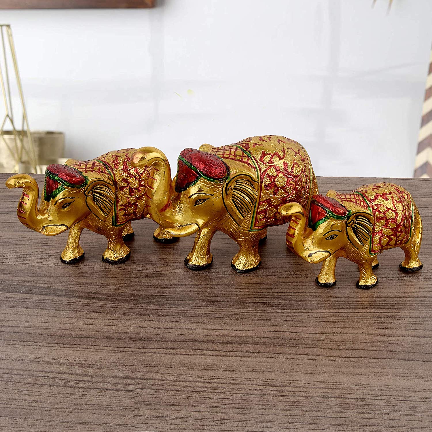 DreamKraft Metal Set of 3 Elephant Showpiece Idol (Meenakari, 7In, 6.5In, 6In)