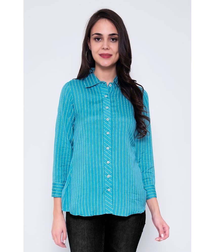 GOD BLESS Women Striped Cotton Shirt ( Turquoise )