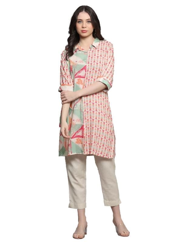 Women's Casual 3/4 Sleeve Viscose Rayon Printed Kurti (Pink, L)-PID46411