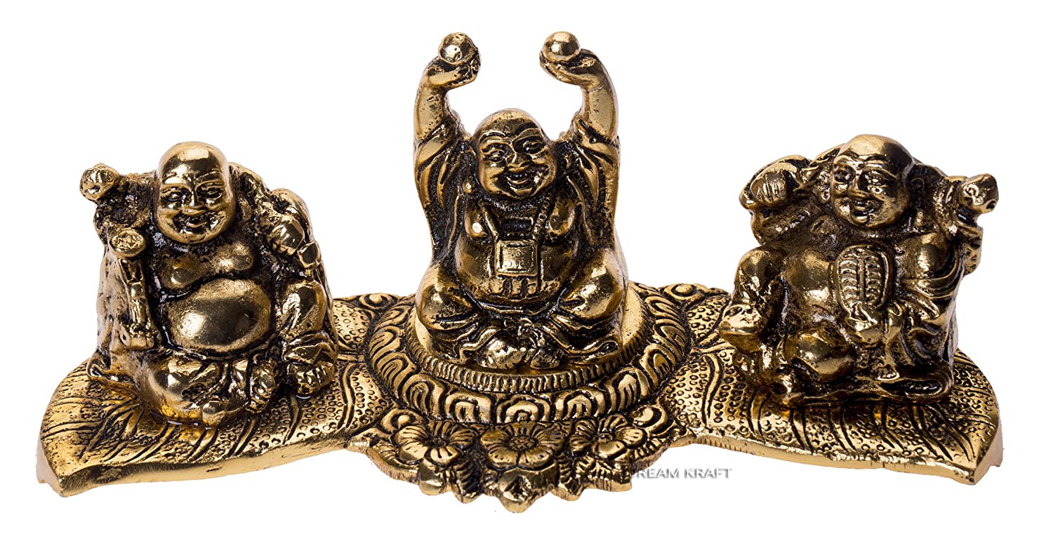 DreamKraft Feng Shui Metal Laughing Buddha for Health, Wealth and Happiness (Gold, Standard, Set of 3)