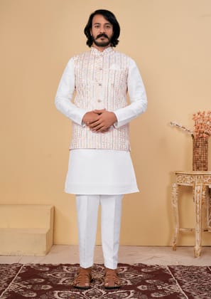 Stylish Men's White Nehru Jacket & Kurta Pant Set: Ideal for Weddings and All Occasions-S