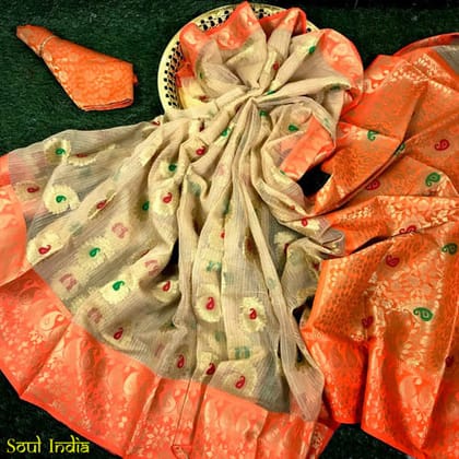 Kota Doria Saree With All Over Woven Work & Pallu