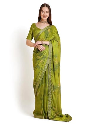 Women's Shimmer Chiffon Printed Saree with Unstitched Blouse Piece
