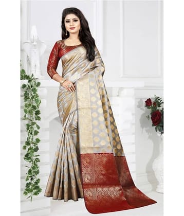 Gazal Fashions Banarasi Silk Printed Saree With Unstitched Blouse Piece ( Light Grey )