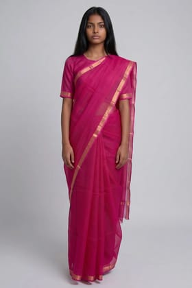 Handwoven Kota Doria Saree in Magenta Pink with Golden Woven Border