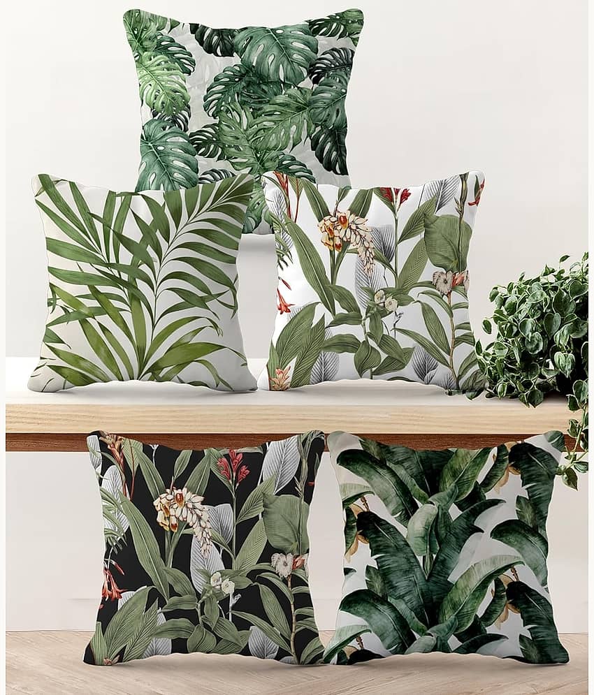 Crosmo Set of 5 Satin Graphic Square Cushion Cover (40X40)cm - Green