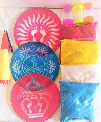 Rangoli;; Easy Making Item kit (8' Inch Stencil 3 Qty Color Filler 3 Qty, Original Sand Color Packet 4 (200 Gram Each), Drawing Pen 1