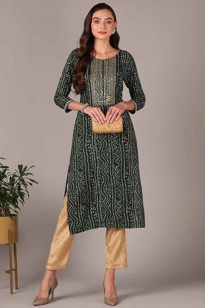 Plus Size Green Viscose Rayon Bandhani Embroidered Straight Kurta VCK9621 - Kurtas & Kurta Sets | Buy online on ZillyBuy