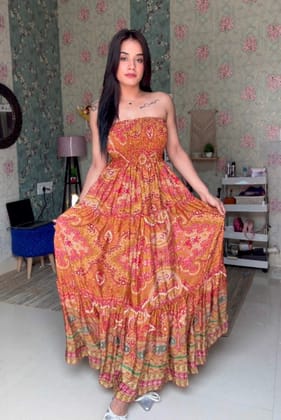 Floral Shoulder Less Boho Maxi Dress-S