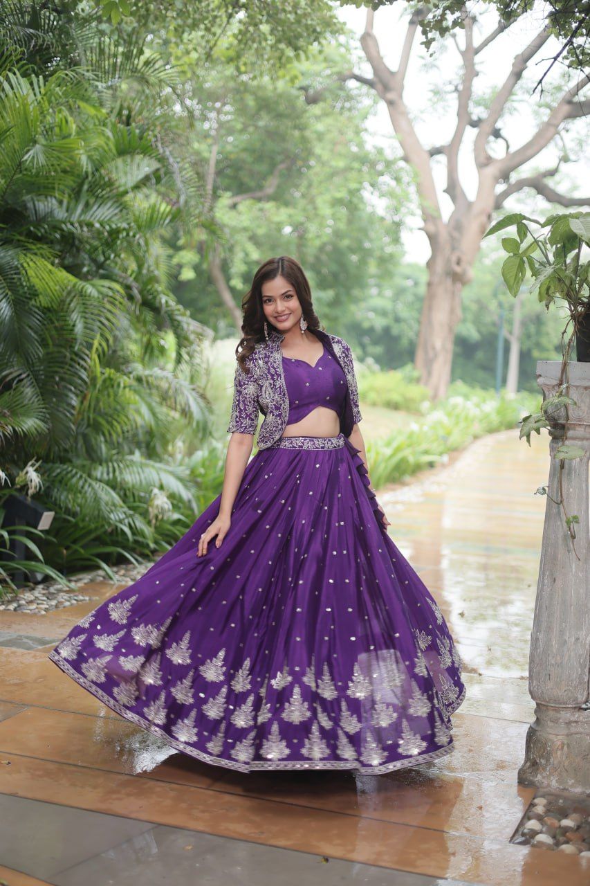 Trending Fashionable Co-ord  Set with  Rich Thread-Sequins Embroidered work Blouse and Dayble Viscose Lehenga Which looks Amazing for Any Functions. 🥰