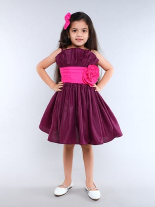 Colorblock Cotton Ruffled Silhouette Dress With Matching Clip -Burgundy-1-2Y / Burgundy