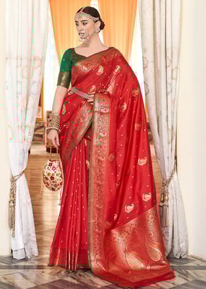 Bridal Red Woven Banarasi Soft Silk Saree